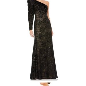 MAC Duggal Floral Lace One Shoulder Trumpet Gown in Black Size 8 NEW NW
